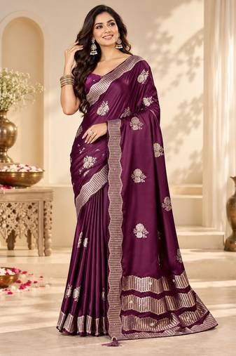 Wine color satin tissue fabric woven jacquard designer rich ceremonial saree