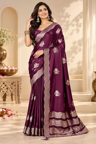 Wine color satin tissue fabric woven jacquard designer rich ceremonial saree