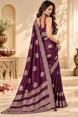Wine color satin tissue fabric woven jacquard designer rich ceremonial saree 2