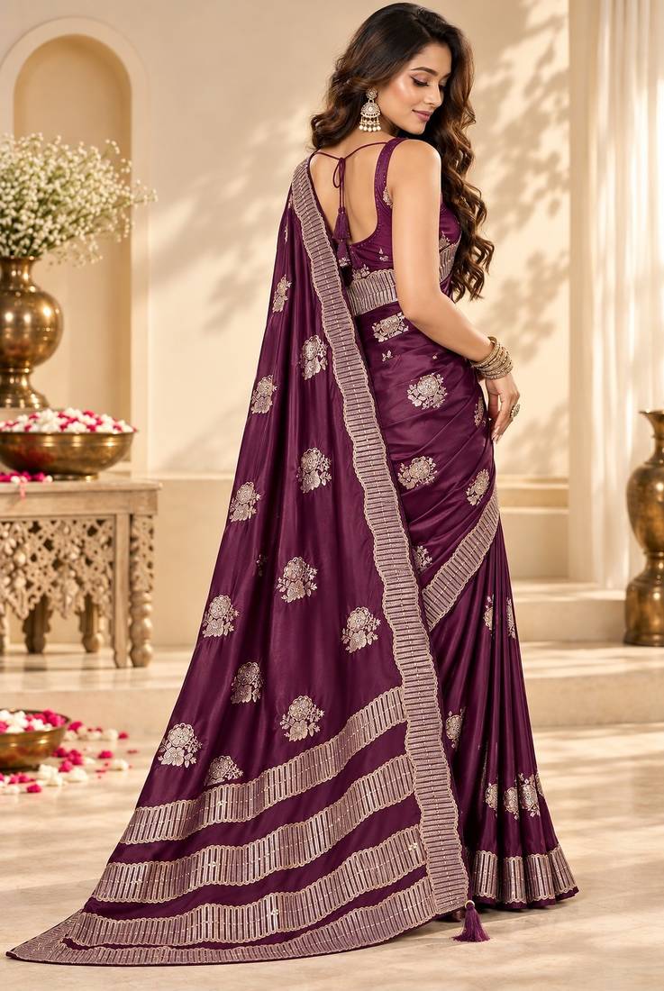 Wine color satin tissue fabric woven jacquard designer rich ceremonial saree
