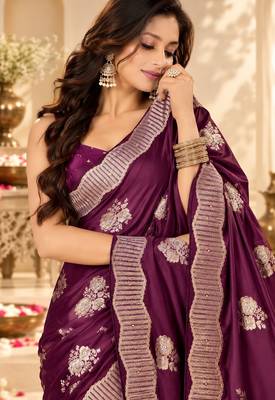 Wine color satin tissue fabric woven jacquard designer rich ceremonial saree 3