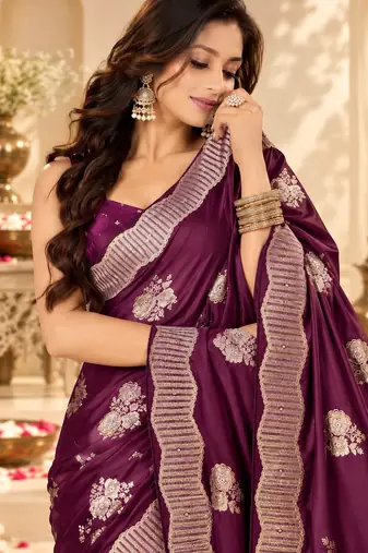 Wine color satin tissue fabric woven jacquard designer rich ceremonial saree