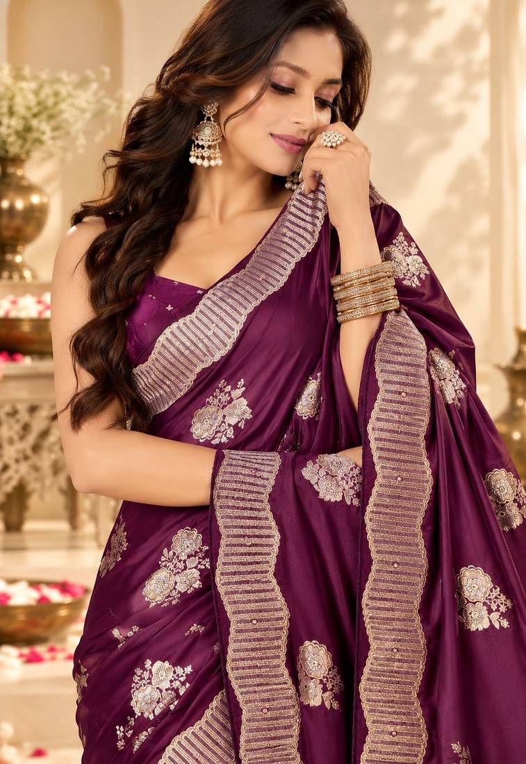 Wine color satin tissue fabric woven jacquard designer rich ceremonial saree