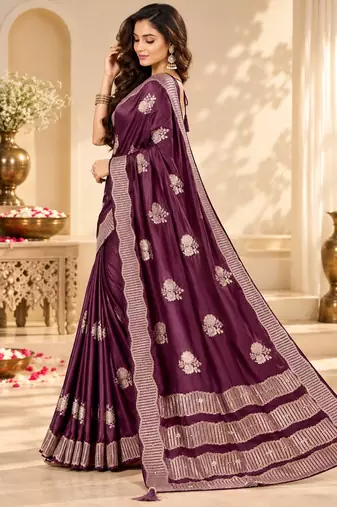 Wine color satin tissue fabric woven jacquard designer rich ceremonial saree