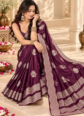 Wine color satin tissue fabric woven jacquard designer rich ceremonial saree 5