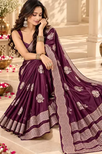 Wine color satin tissue fabric woven jacquard designer rich ceremonial saree
