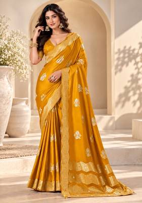 Yellow color satin tissue fabric woven jacquard designer rich ceremonial saree 1