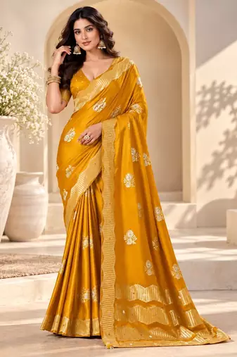 Yellow color satin tissue fabric woven jacquard designer rich ceremonial saree