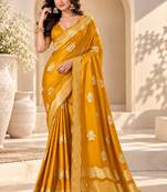 Yellow color satin tissue fabric woven jacquard designer rich ceremonial saree