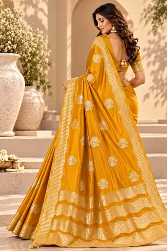 Yellow color satin tissue fabric woven jacquard designer rich ceremonial saree