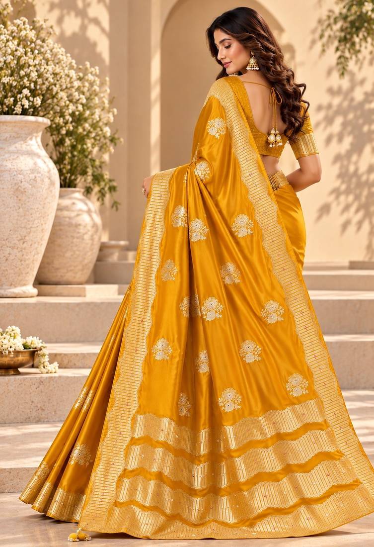 Yellow color satin tissue fabric woven jacquard designer rich ceremonial saree