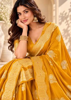 Yellow color satin tissue fabric woven jacquard designer rich ceremonial saree 3