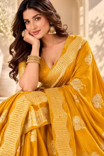 Yellow color satin tissue fabric woven jacquard designer rich ceremonial saree