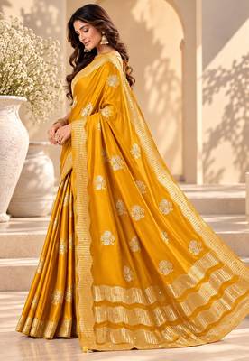 Yellow color satin tissue fabric woven jacquard designer rich ceremonial saree 4