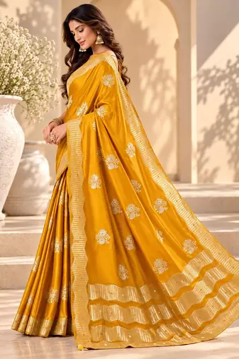 Yellow color satin tissue fabric woven jacquard designer rich ceremonial saree