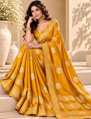 Yellow color satin tissue fabric woven jacquard designer rich ceremonial saree 5