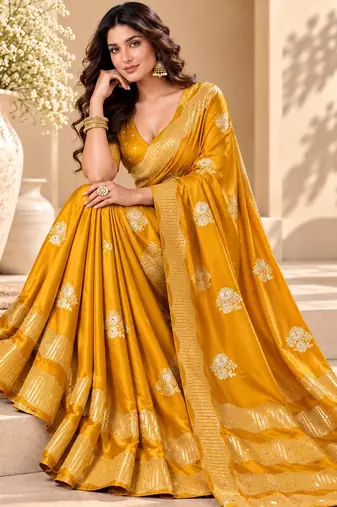 Yellow color satin tissue fabric woven jacquard designer rich ceremonial saree