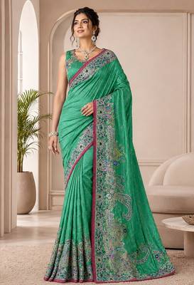 Rama color beautiful designer partywear satin fabric saree 1