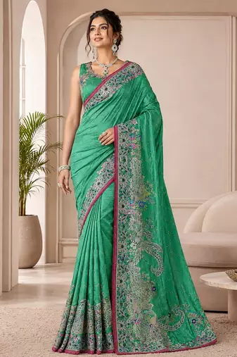 Rama color beautiful designer partywear satin fabric saree