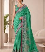 Rama color beautiful designer partywear satin fabric saree