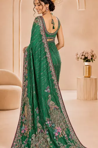 Rama color beautiful designer partywear satin fabric saree