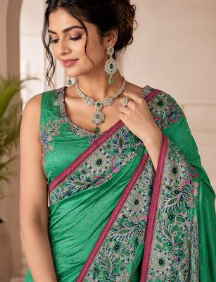 Rama color beautiful designer partywear satin fabric saree 3