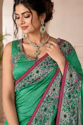 Rama color beautiful designer partywear satin fabric saree
