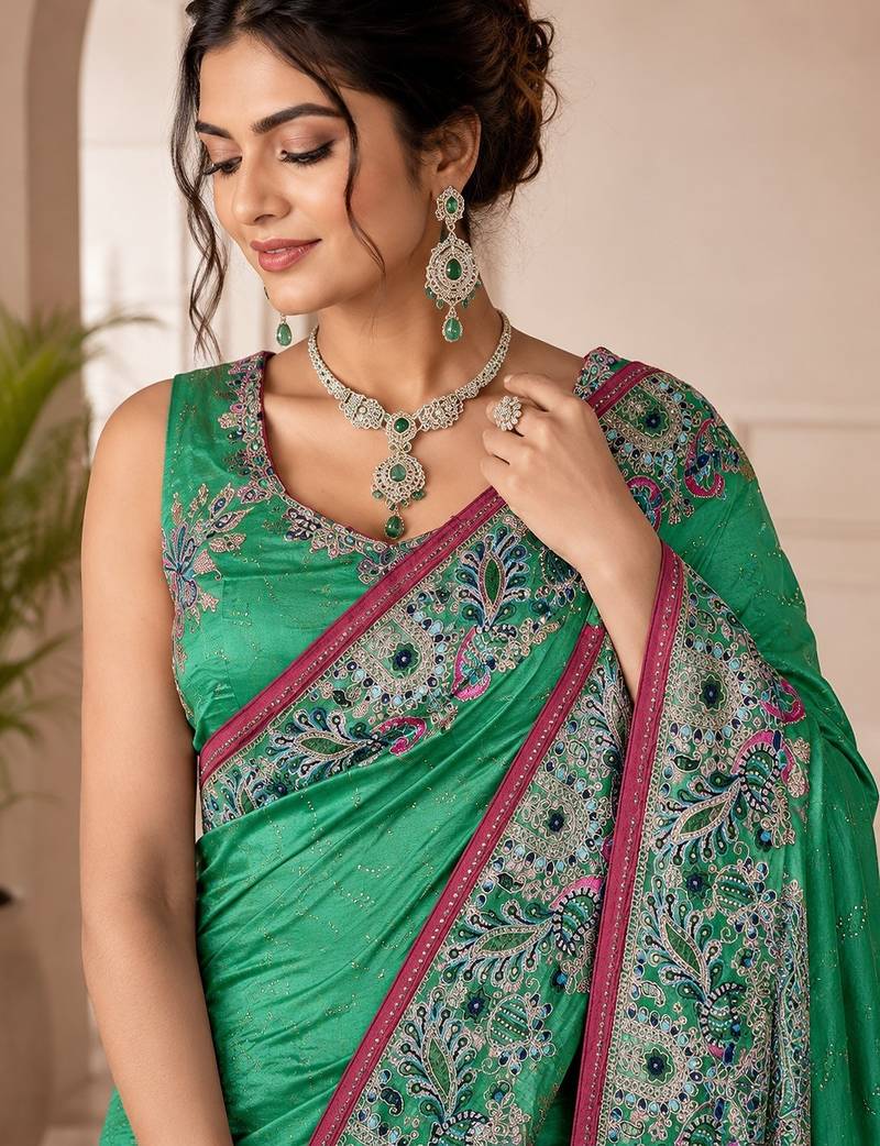 Rama color beautiful designer partywear satin fabric saree