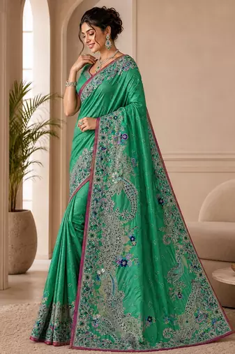 Rama color beautiful designer partywear satin fabric saree