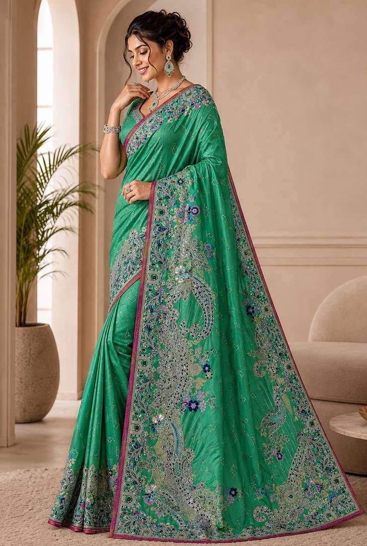 Rama color beautiful designer partywear satin fabric saree