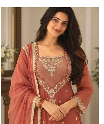 light brown color thread and sequence work silk blend salwar kameez 2