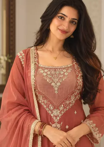 light brown color thread and sequence work silk blend salwar kameez