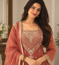 light brown color thread and sequence work silk blend salwar kameez