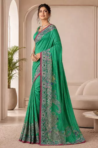 Rama color beautiful designer partywear satin fabric saree