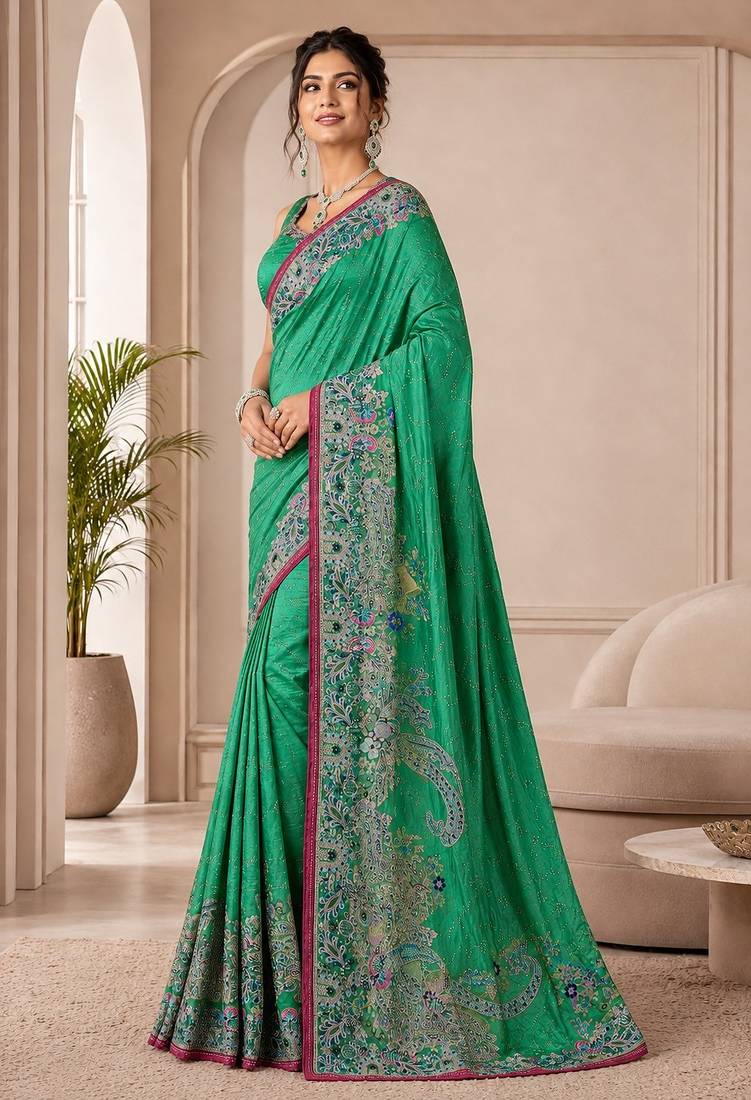 Rama color beautiful designer partywear satin fabric saree