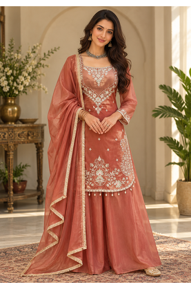 light brown color thread and sequence work silk blend salwar kameez 1