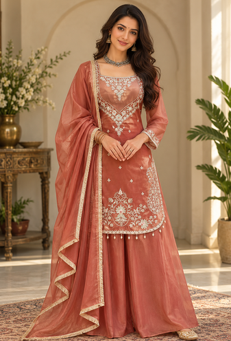 light brown color thread and sequence work silk blend salwar kameez