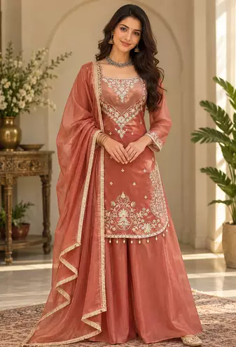 light brown color thread and sequence work silk blend salwar kameez