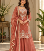 light brown color thread and sequence work silk blend salwar kameez