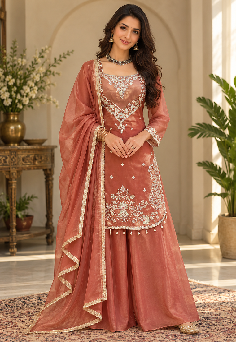 light brown color thread and sequence work silk blend salwar kameez