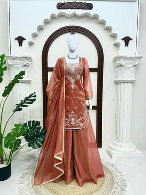 light brown color thread and sequence work silk blend salwar kameez 3