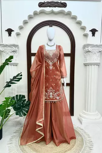 light brown color thread and sequence work silk blend salwar kameez