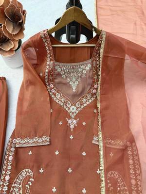 light brown color thread and sequence work silk blend salwar kameez 4