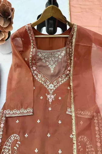 light brown color thread and sequence work silk blend salwar kameez