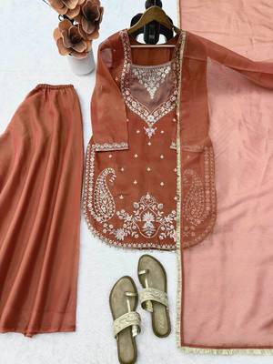 light brown color thread and sequence work silk blend salwar kameez 5