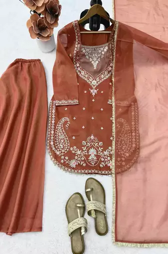 light brown color thread and sequence work silk blend salwar kameez