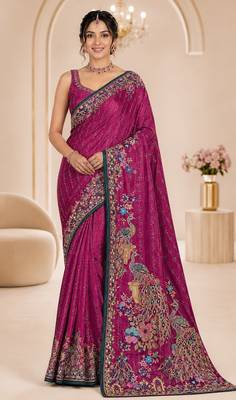 Pink color beautiful designer partywear satin fabric saree 1