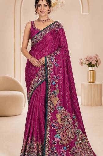Pink color beautiful designer partywear satin fabric saree
