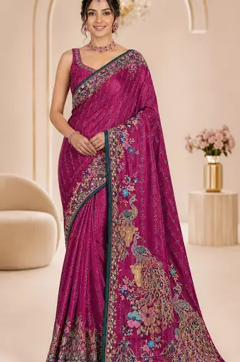 Pink color beautiful designer partywear satin fabric saree