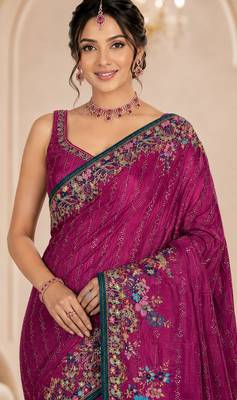 Pink color beautiful designer partywear satin fabric saree 3